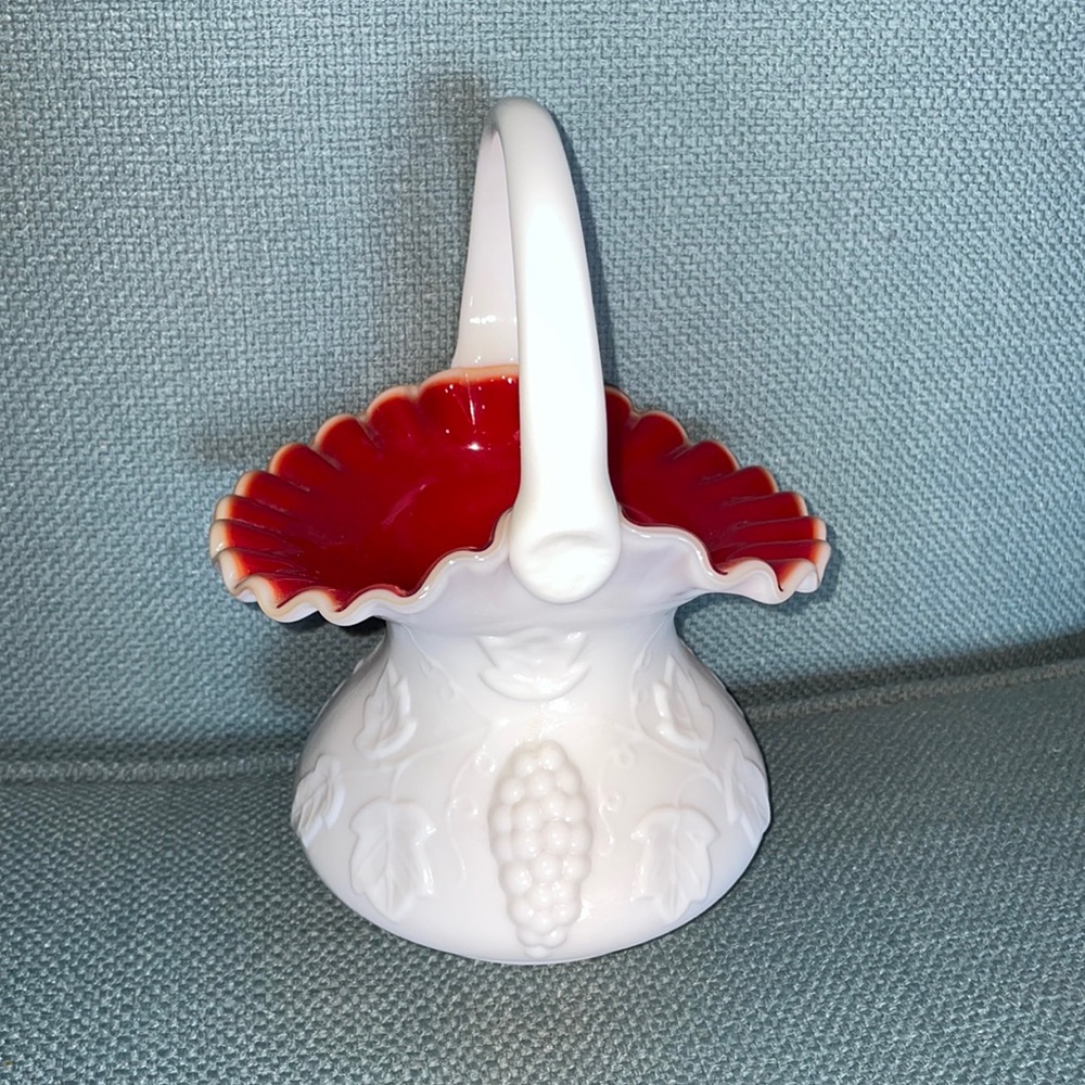 Kanawha Milk Glass bride basket grapevine leaves